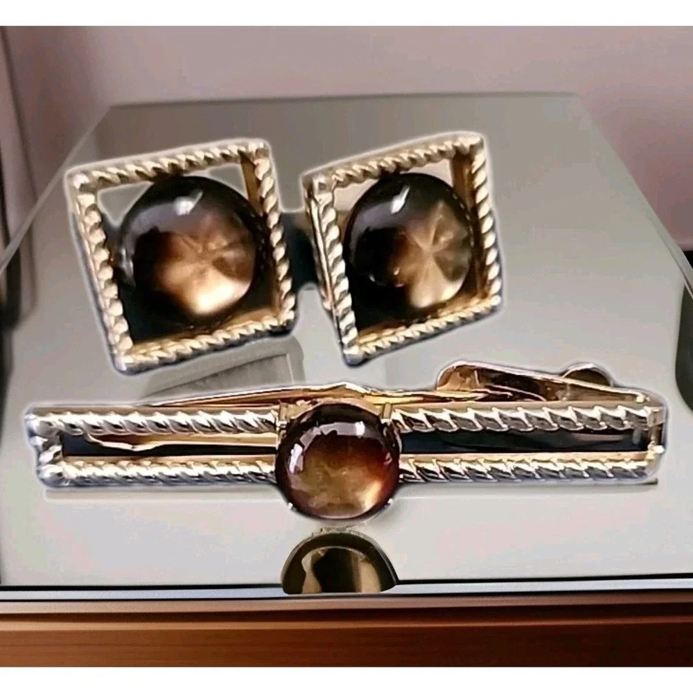 Vintage Cat's Eye Cufflinks & Tie Bar Set Retro Cool Square/Rectangle Gold Tone